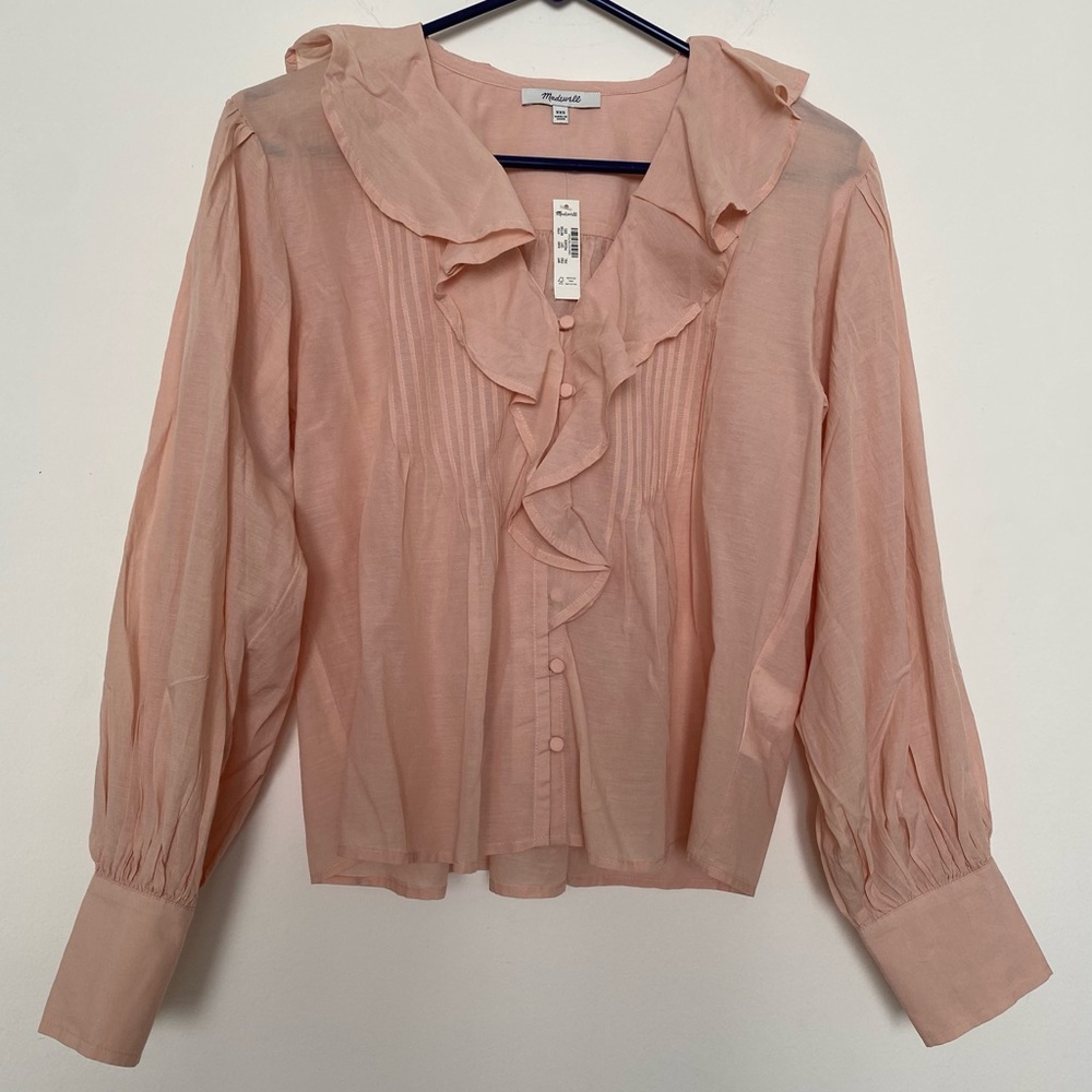 ❤️ NWT Madewell Ruffled Pintuck Long Sleeve Top in Pale Blush - XXS